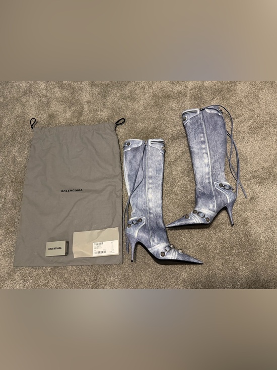 Balenciaga Shoes - BALENCIAGA Cagole blue denim Printed Nappa  771231 tall boot boots